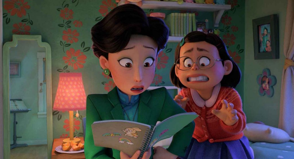 Turning Red animated scene of Mei transforming into red panda during puberty