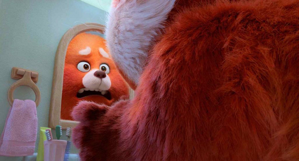 Scene from Turning Red showing Mei and her mother discussing puberty changes
