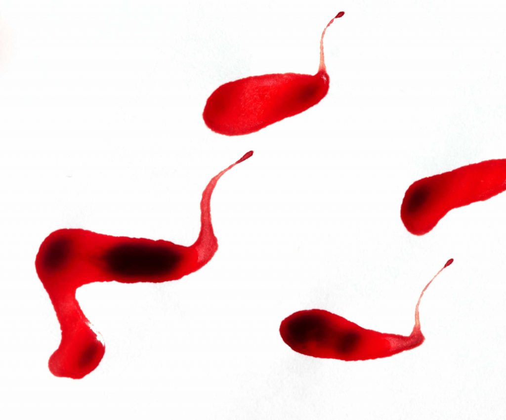 Menstrual blood art painting with swirling red patterns
