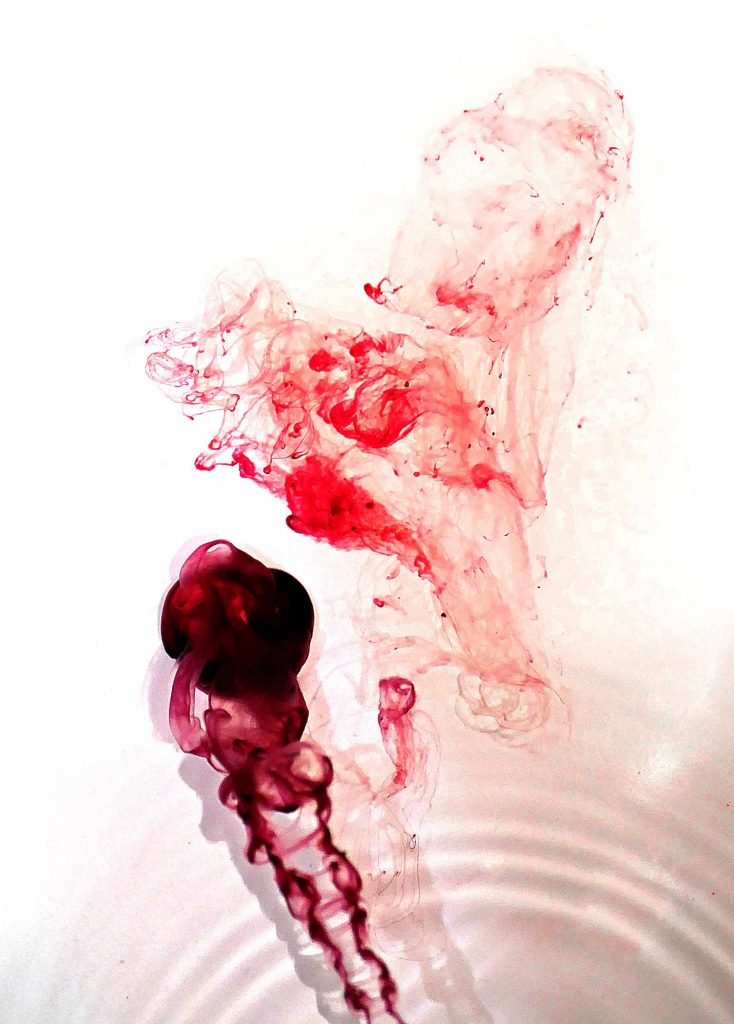 Portrait-format menstrual blood painting on white paper