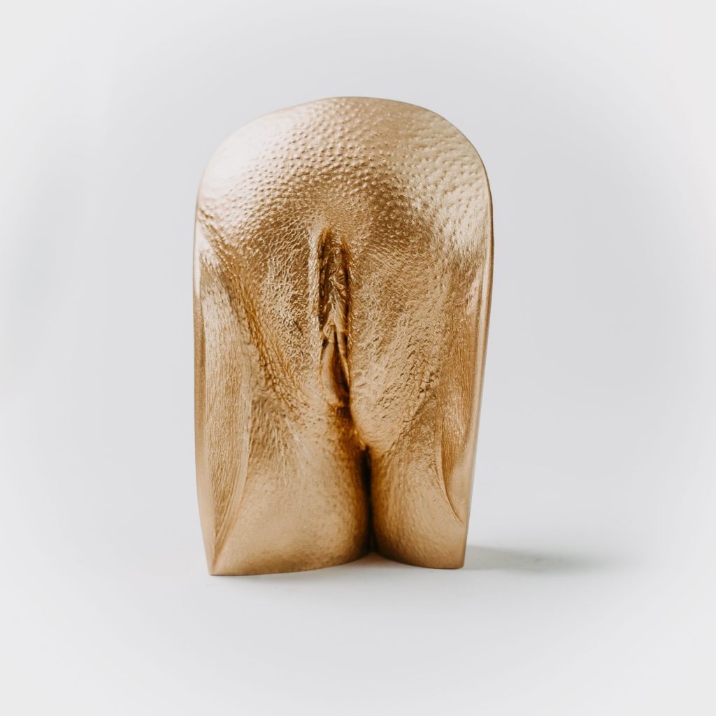 Vulva statue lineup on a clean neutral surface