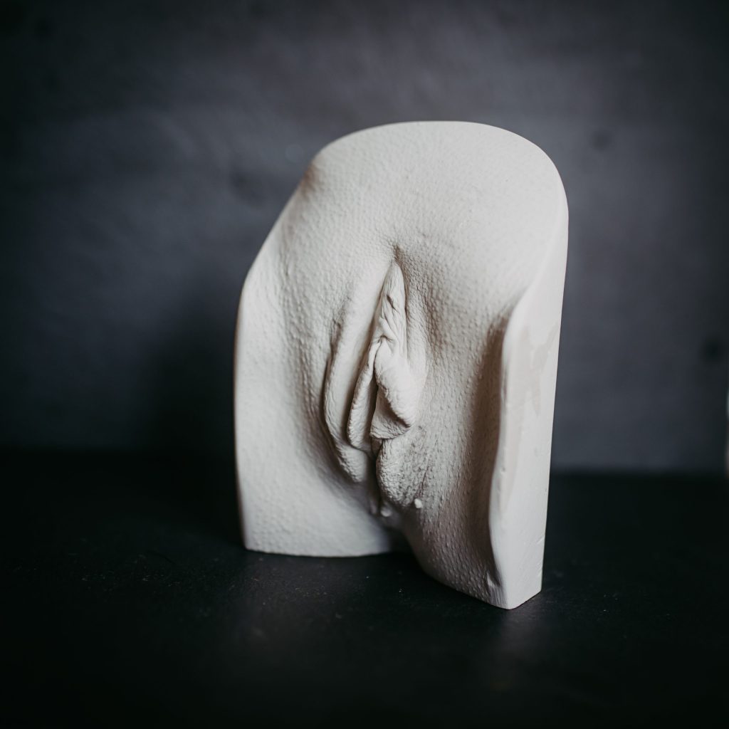 Row of handcrafted vulva castings with color tones
