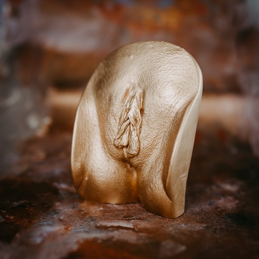 Crafted vulva cast sculpture displayed in soft light